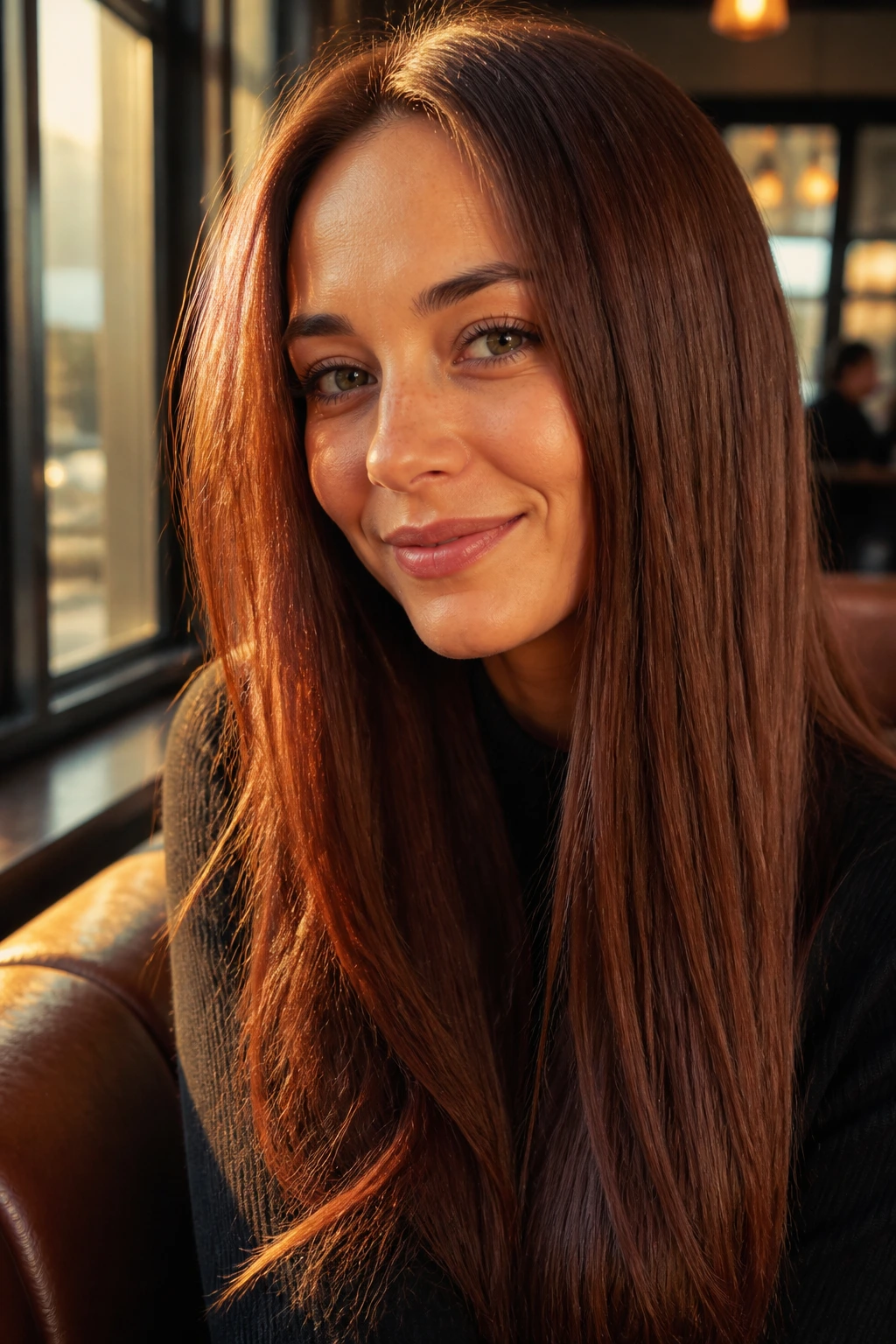 Close-up of a real woman with auburn brunette shade in straight hair
