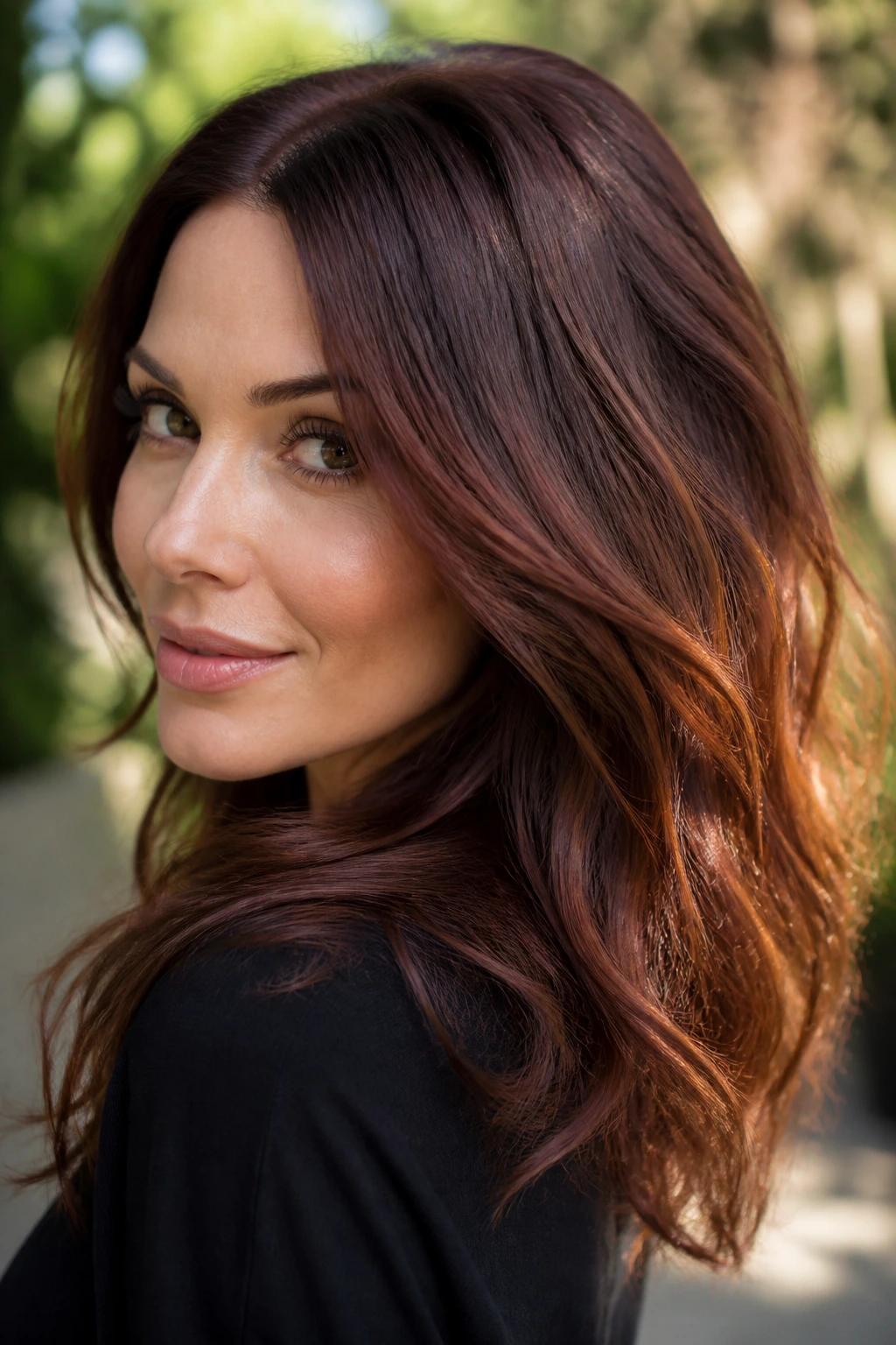 Portrait of a real woman with auburn brunette hair and soft red-brown undertone catching daylight