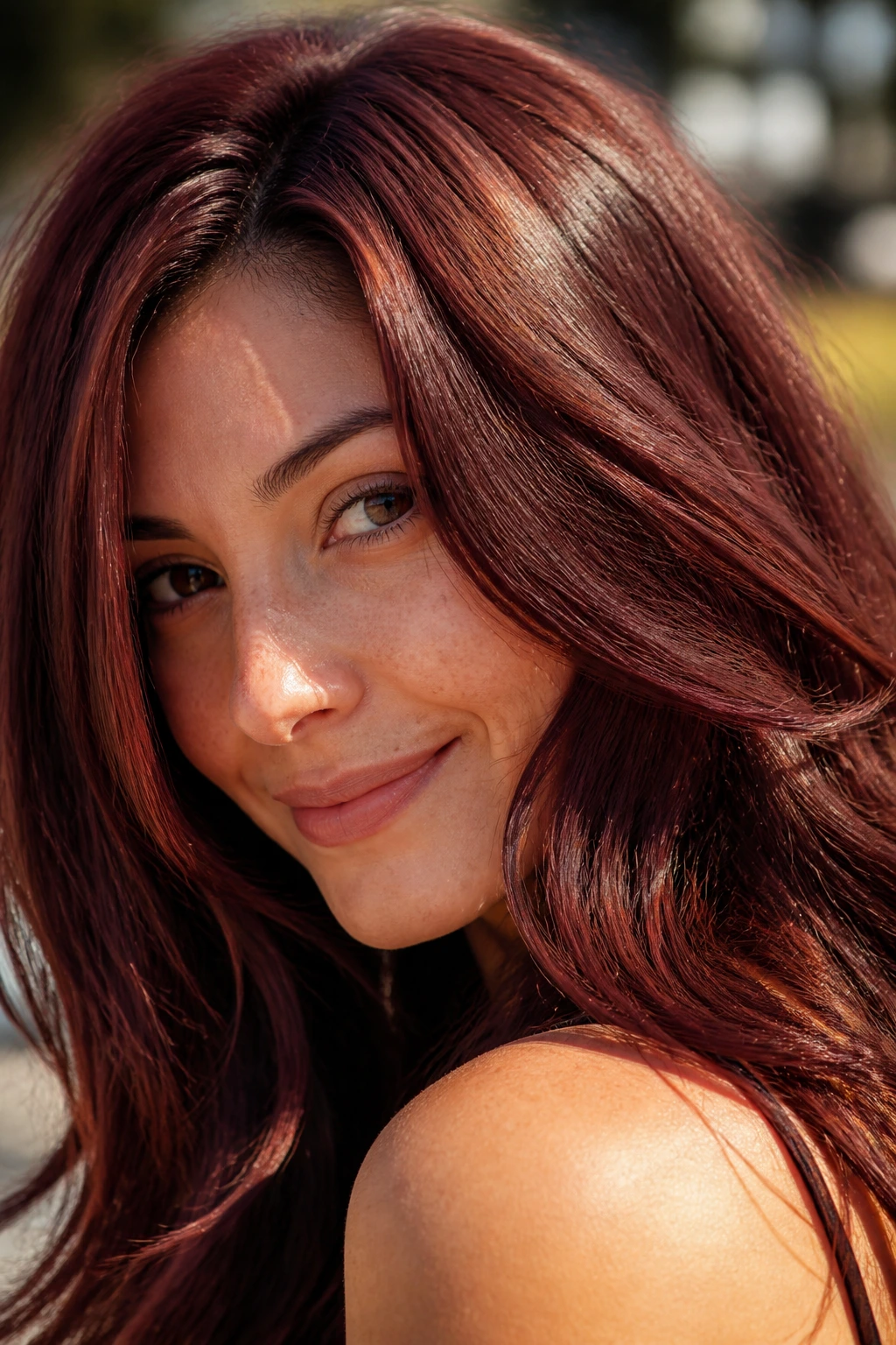 Close-up portrait of a real person with auburn-burgundy blend hair in sunlight