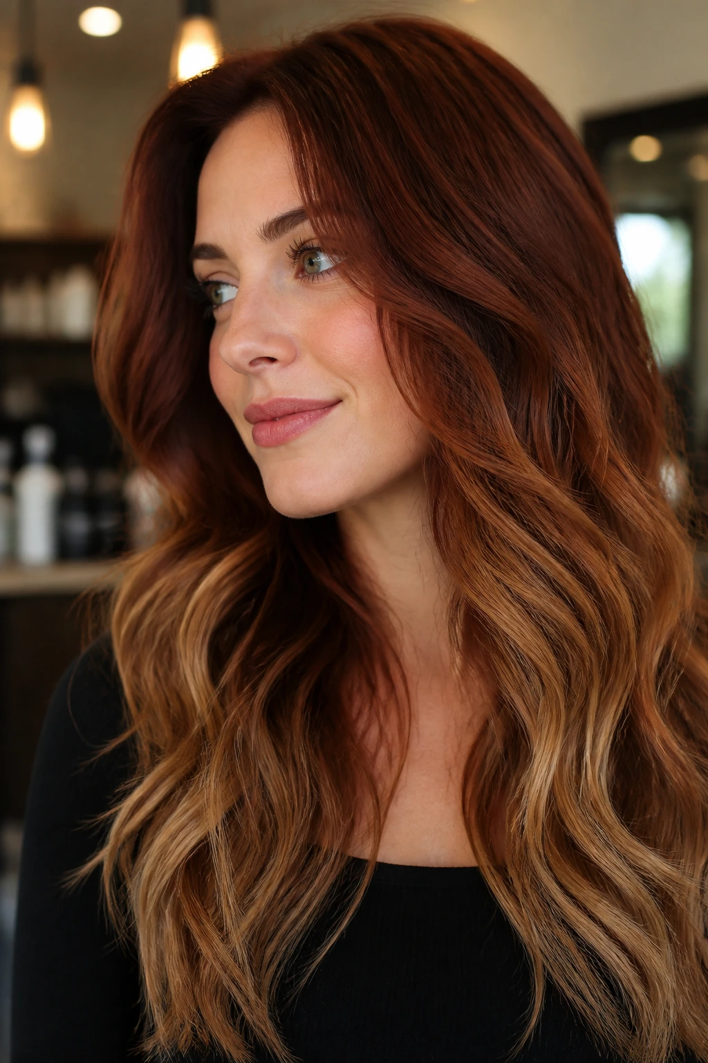 Close-up of a real woman with auburn to caramel hair gradient and soft curls