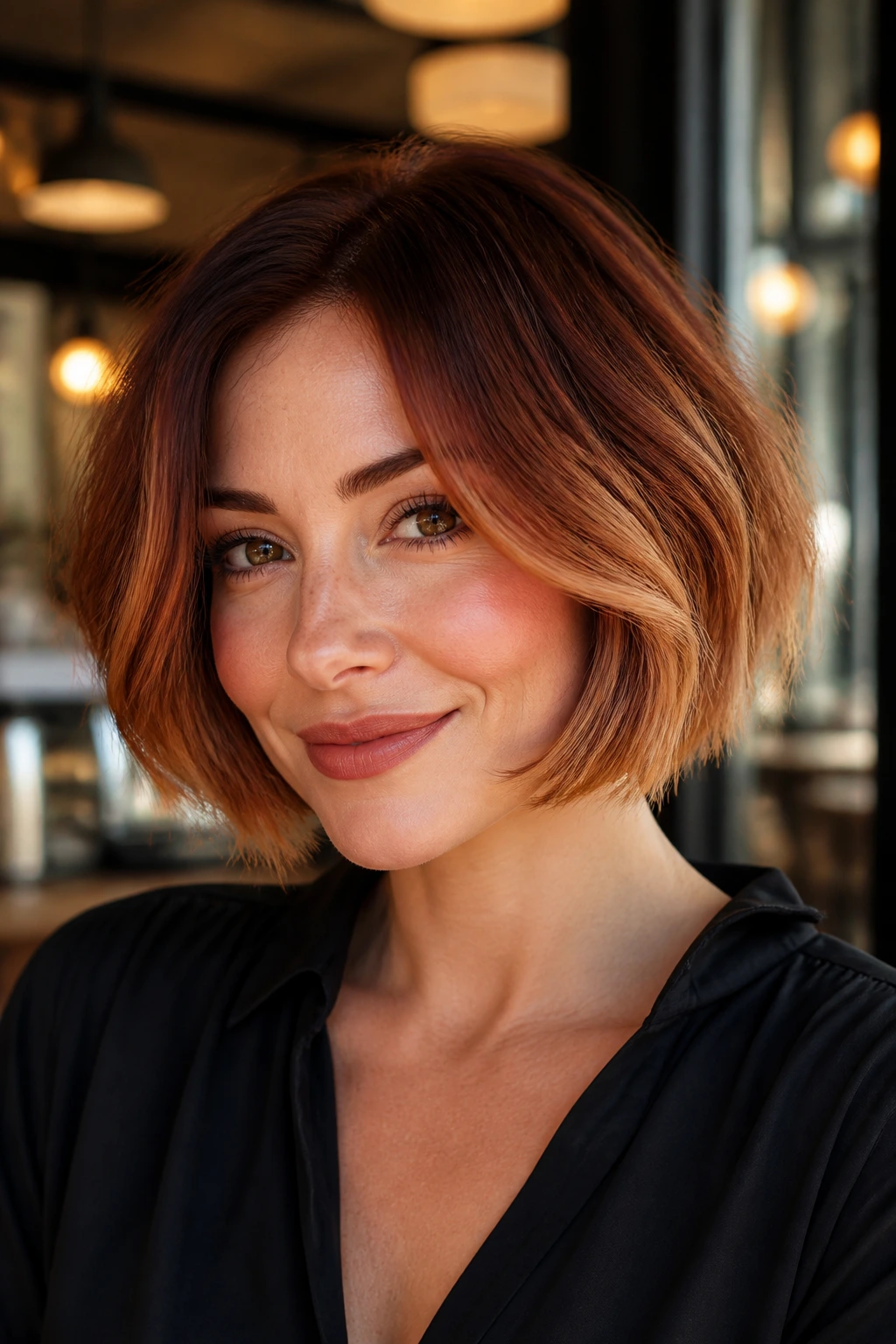 French bob with auburn to cinnamon ombre under warm light