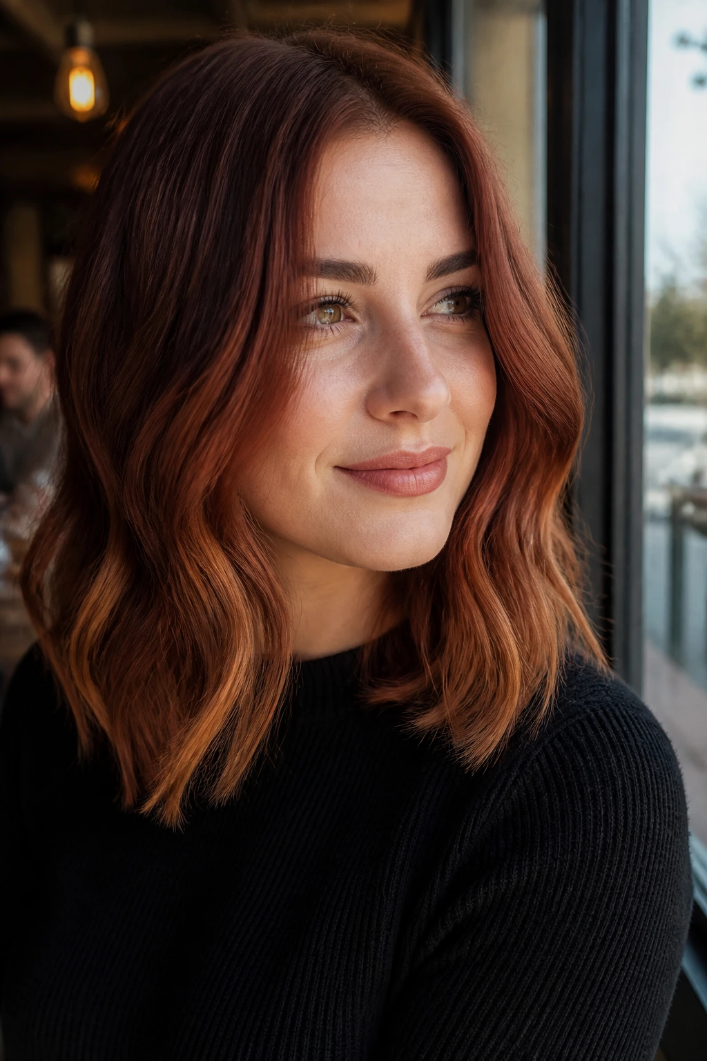 Close-up of a real woman with auburn to cinnamon spice ombre on shoulder-length hair