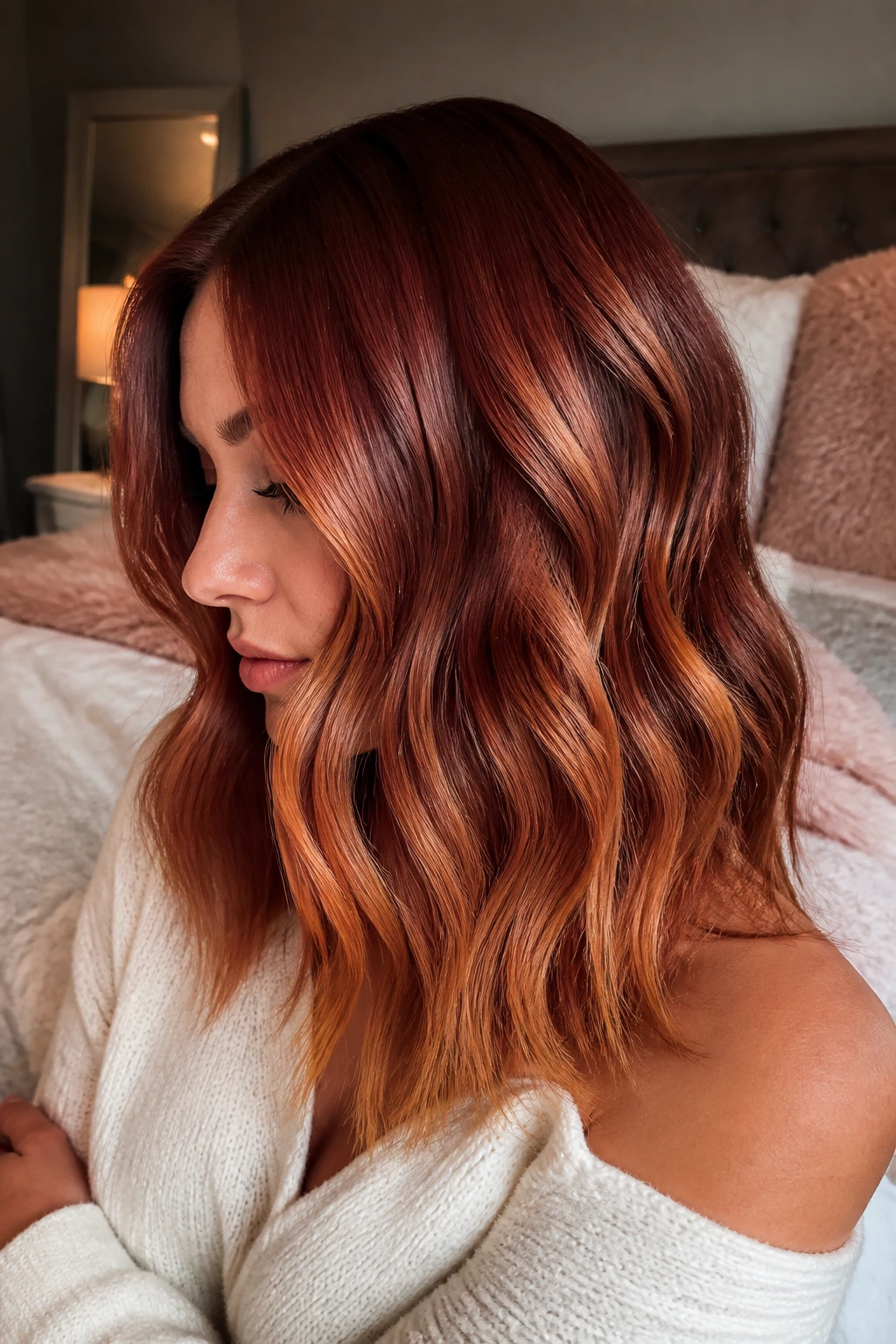 Close-up of auburn to cinnamon ribbon ombre on a real woman's hair