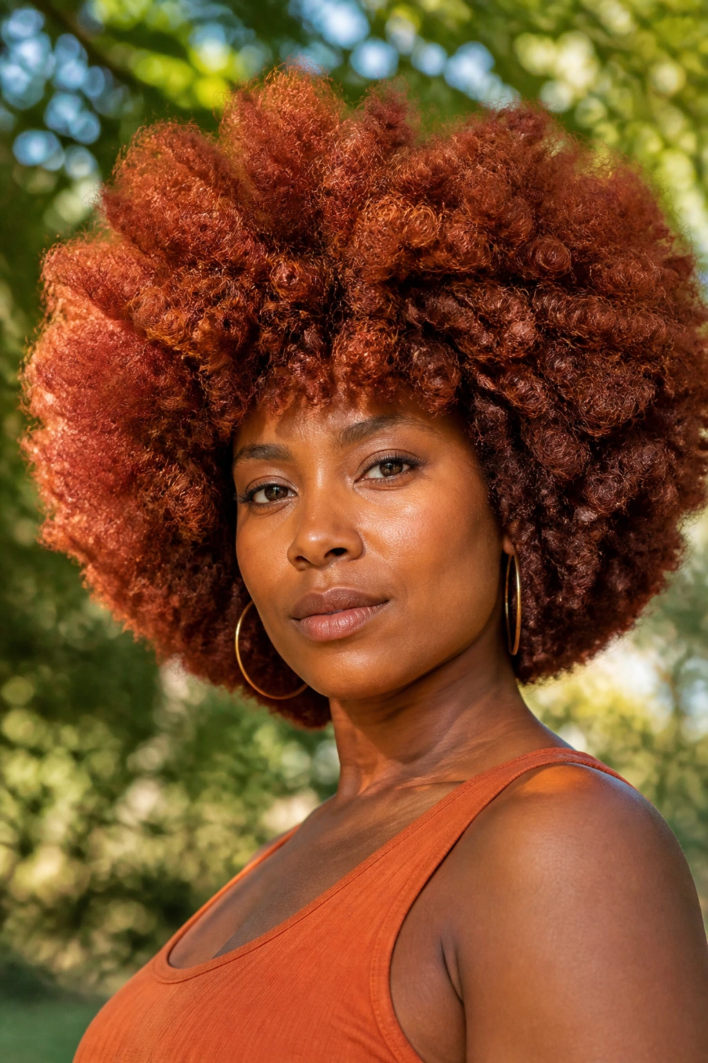 Close-up of a Black woman with a dense auburn copper afro.