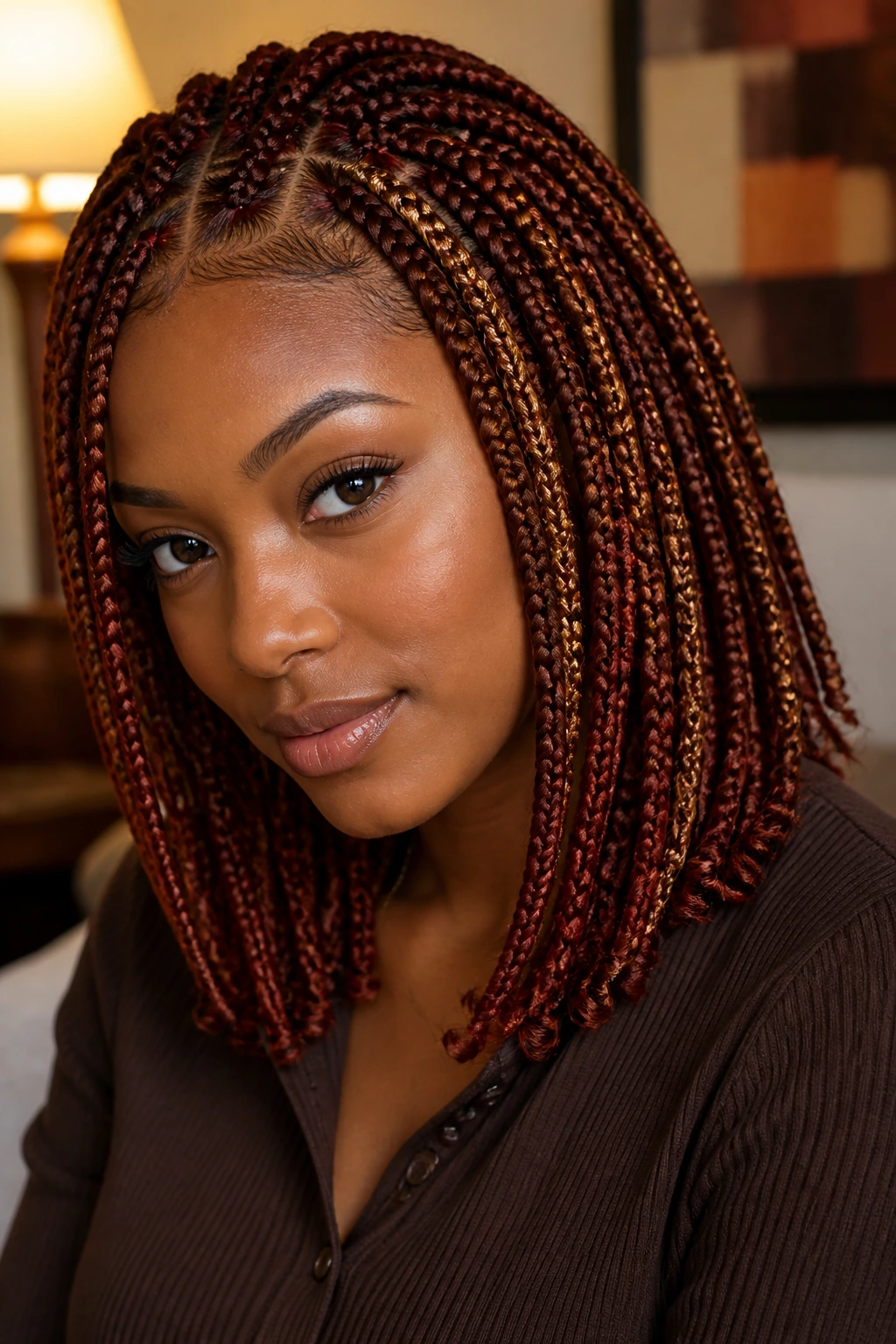 Close-up of real woman with auburn and copper braids.