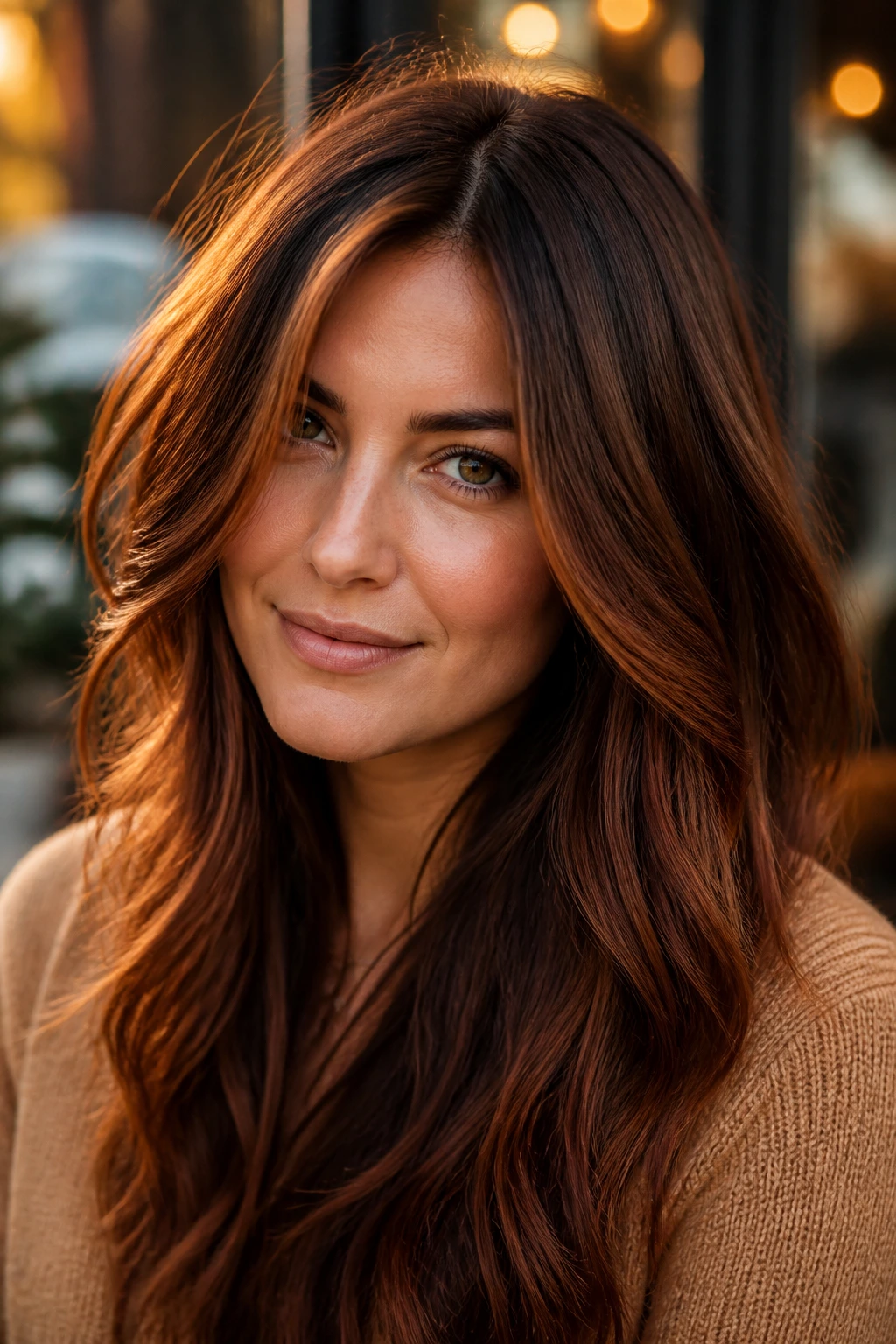 Brunette with auburn-copper highlights for warm dimension.