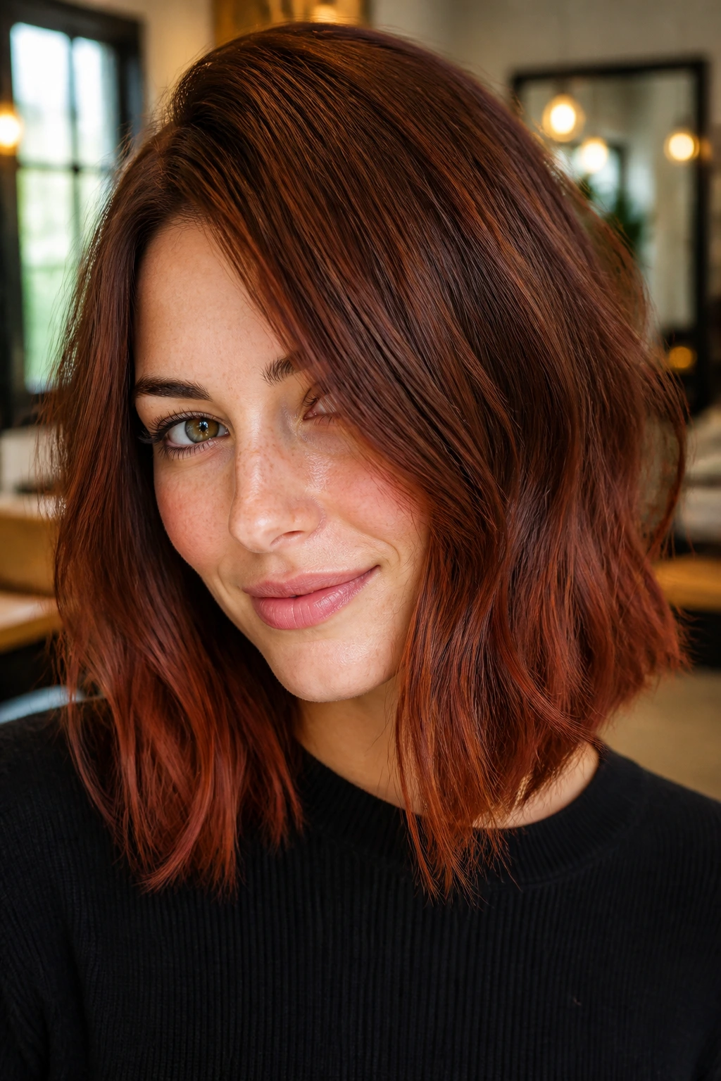Close-up of a real woman with a deep auburn copper lob under warm salon light