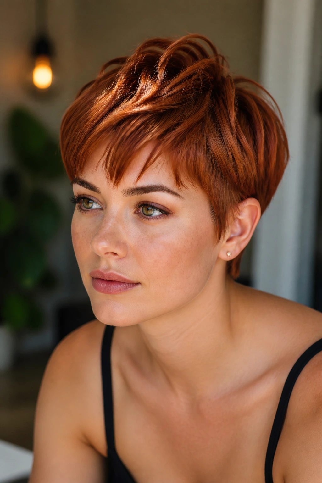 Close-up of auburn copper pixie on a real person