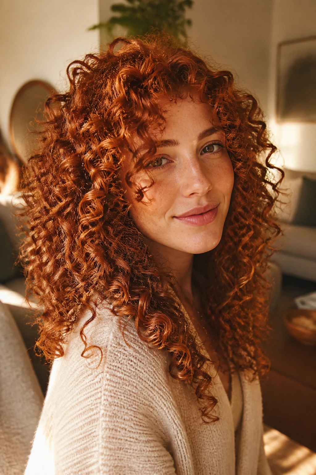 Close-up of copper auburn ringlets framing a real face