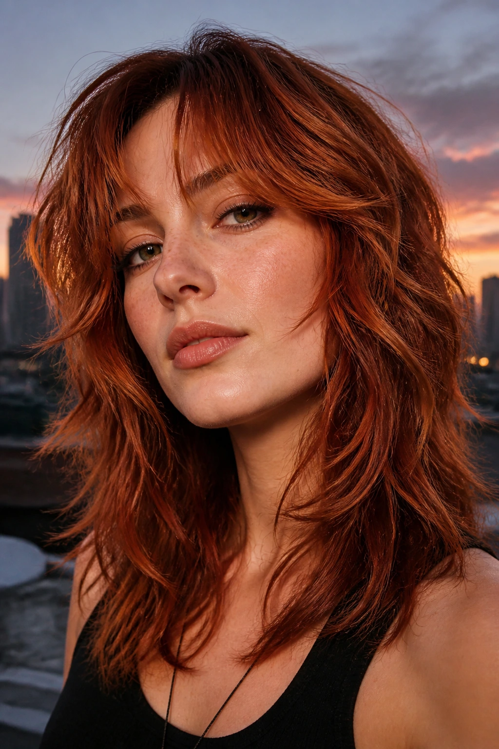 Close-up of real person with auburn copper wolf cut on rooftop at dusk