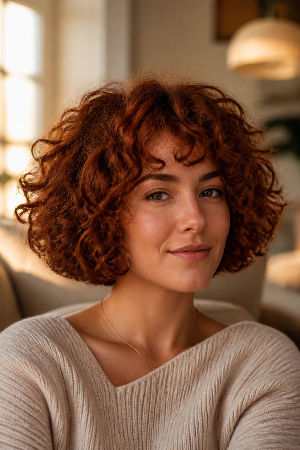 Close-up portrait of a real woman with Auburn Curly Bob in warm window light