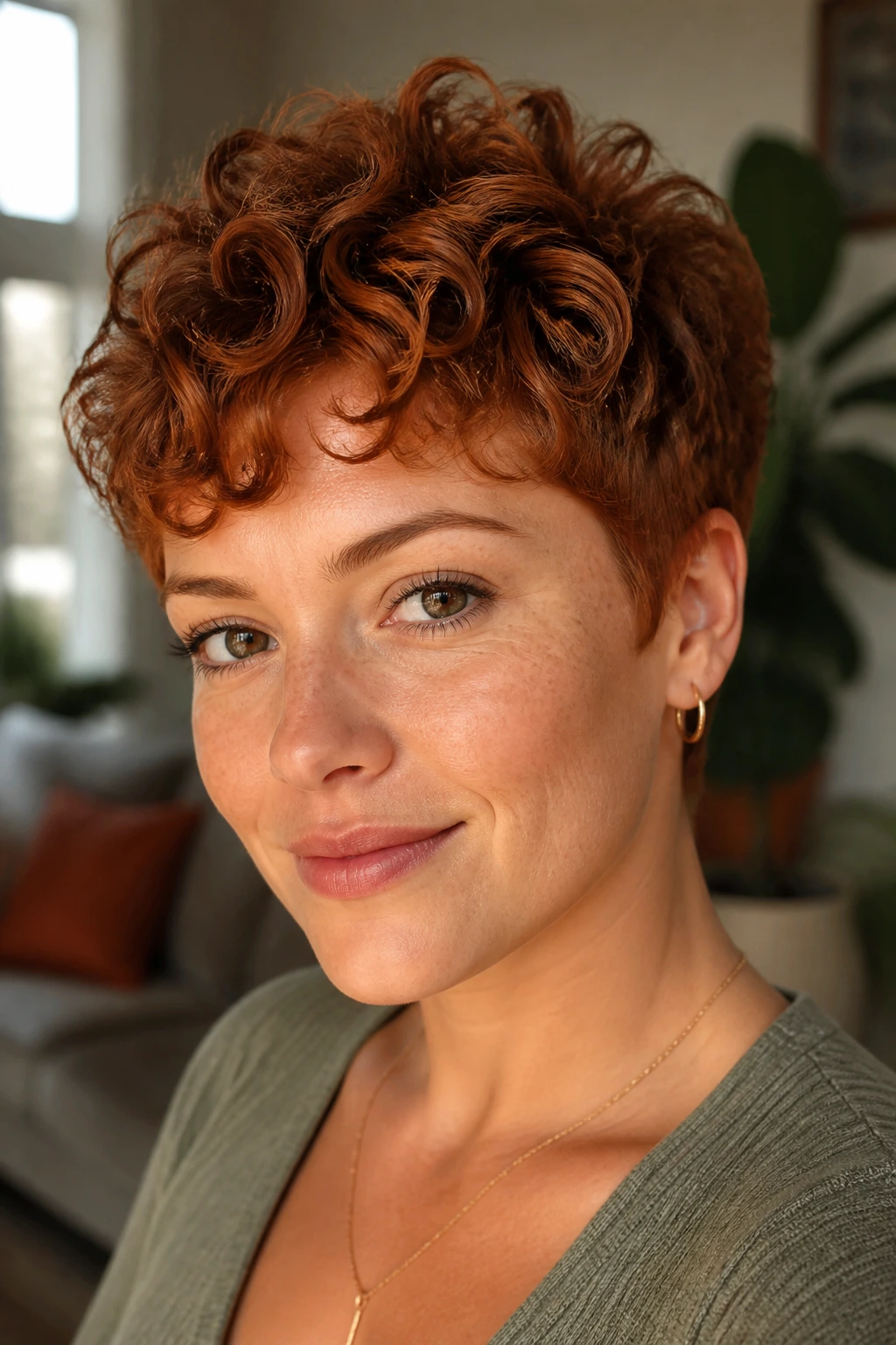 Portrait of a person with auburn curly crop under warm window light