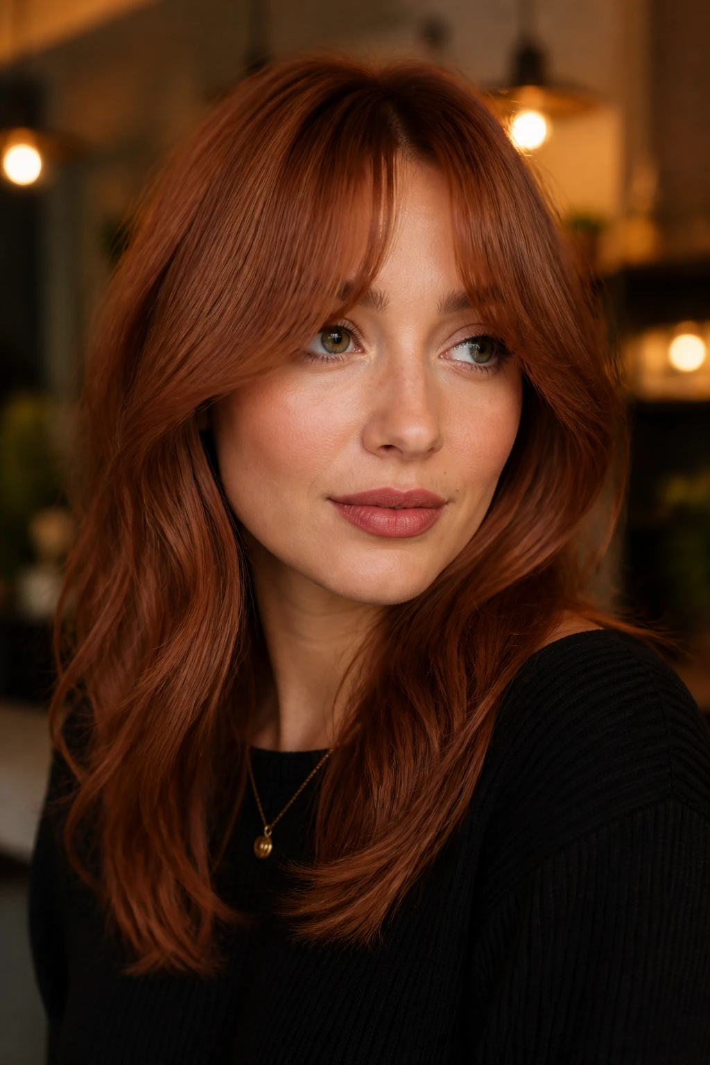 Real woman with auburn curtain bangs framing her face