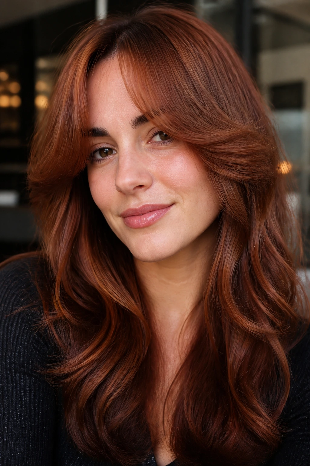 Close-up of thick hair with auburn curtain bangs framing the face.