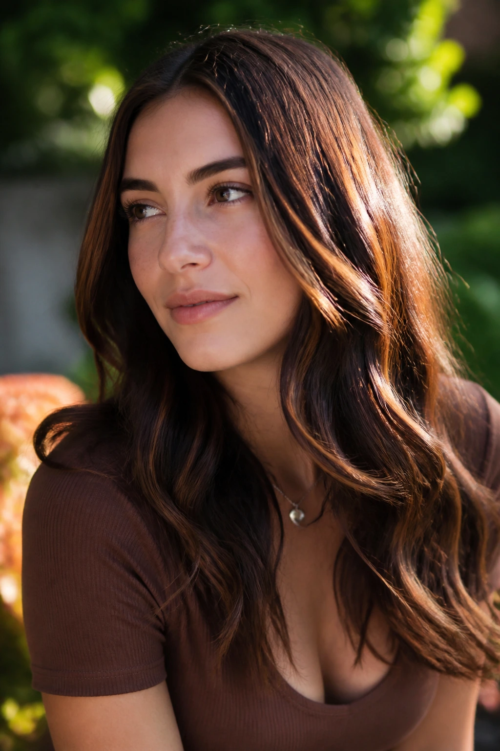 Dark brown hair with auburn-kissed dimension in sunlight