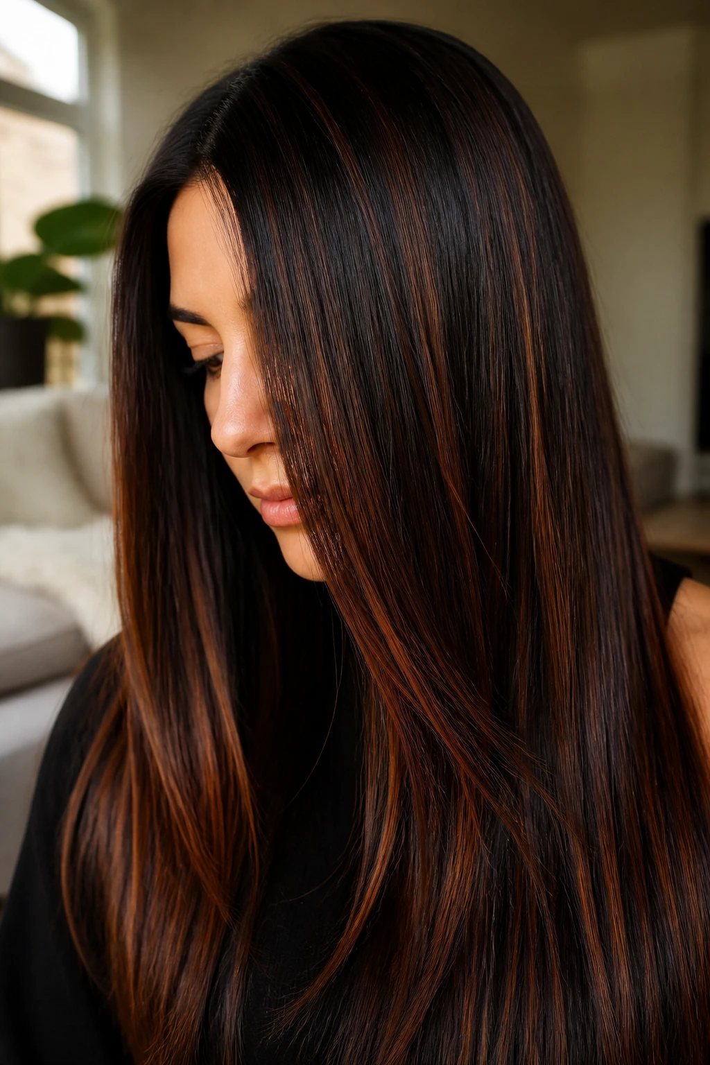 Close-up of a real woman's dark hair with auburn ribbons