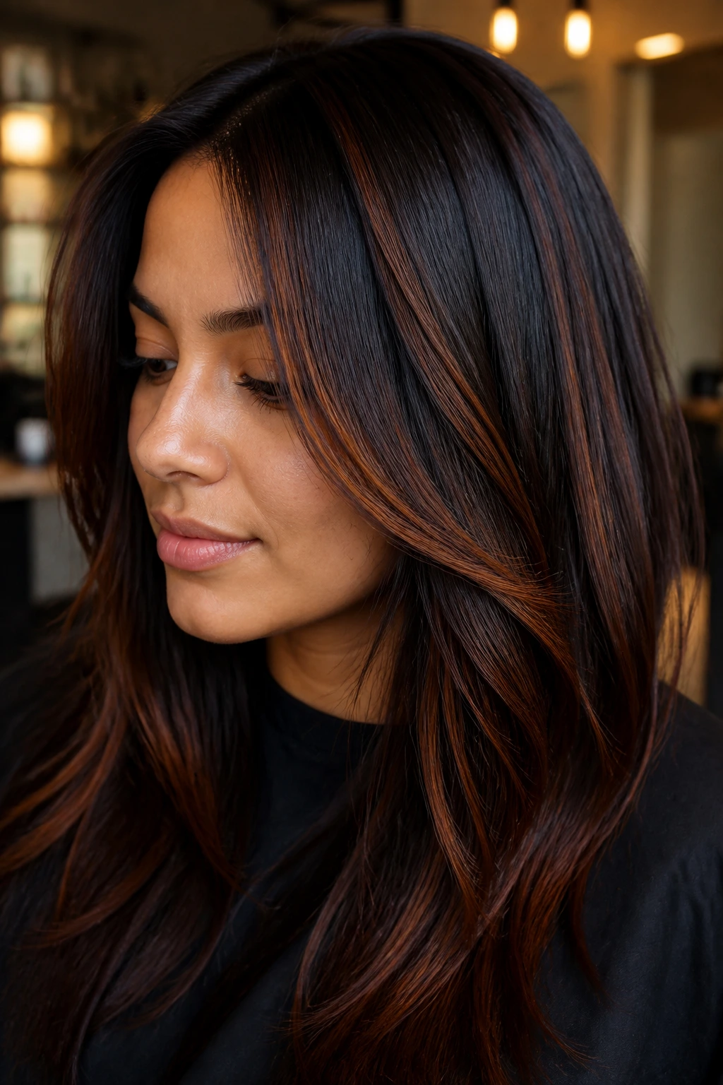 Portrait of dark hair with auburn ribbons adding warmth and dimension