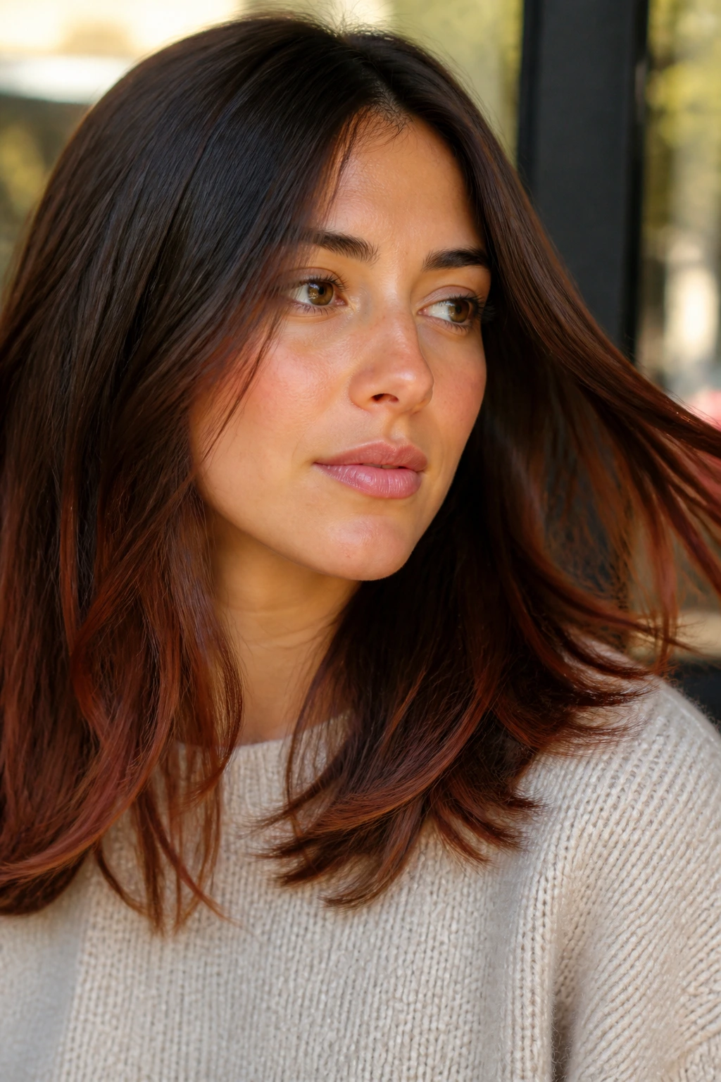 Portrait showing auburn-edged chestnut hair with warm glow.