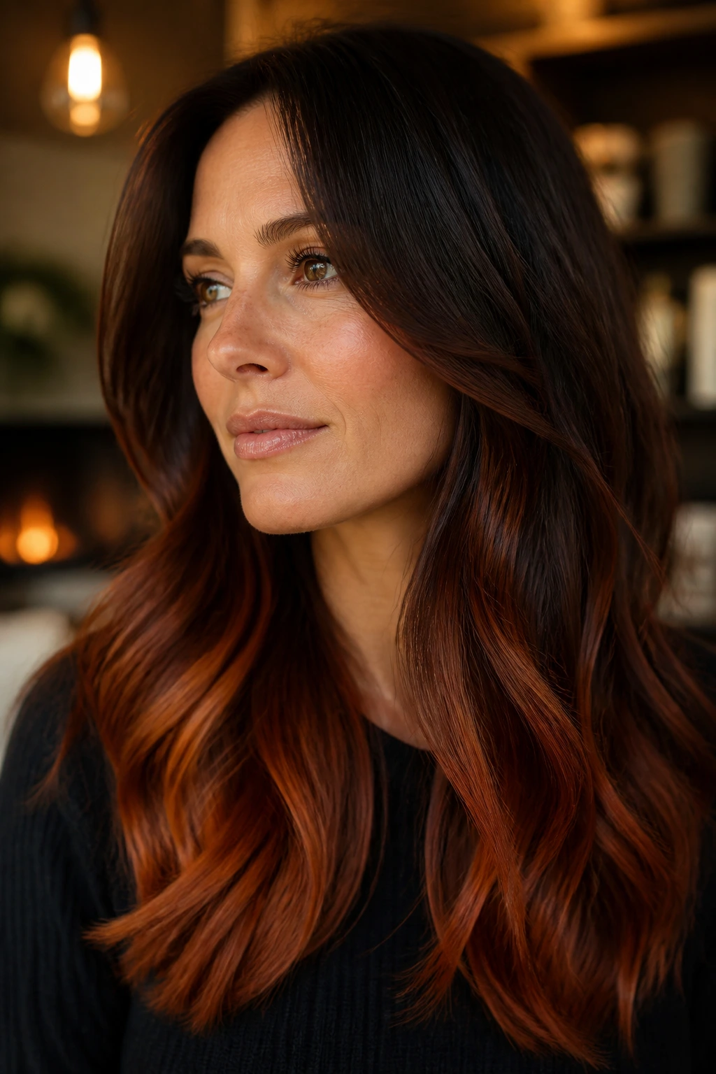 Brunette with warm ember ends in lower hair shown up close