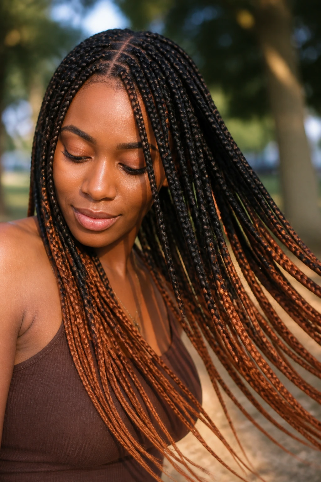 Close-up of knotless braids with auburn ends on a real person