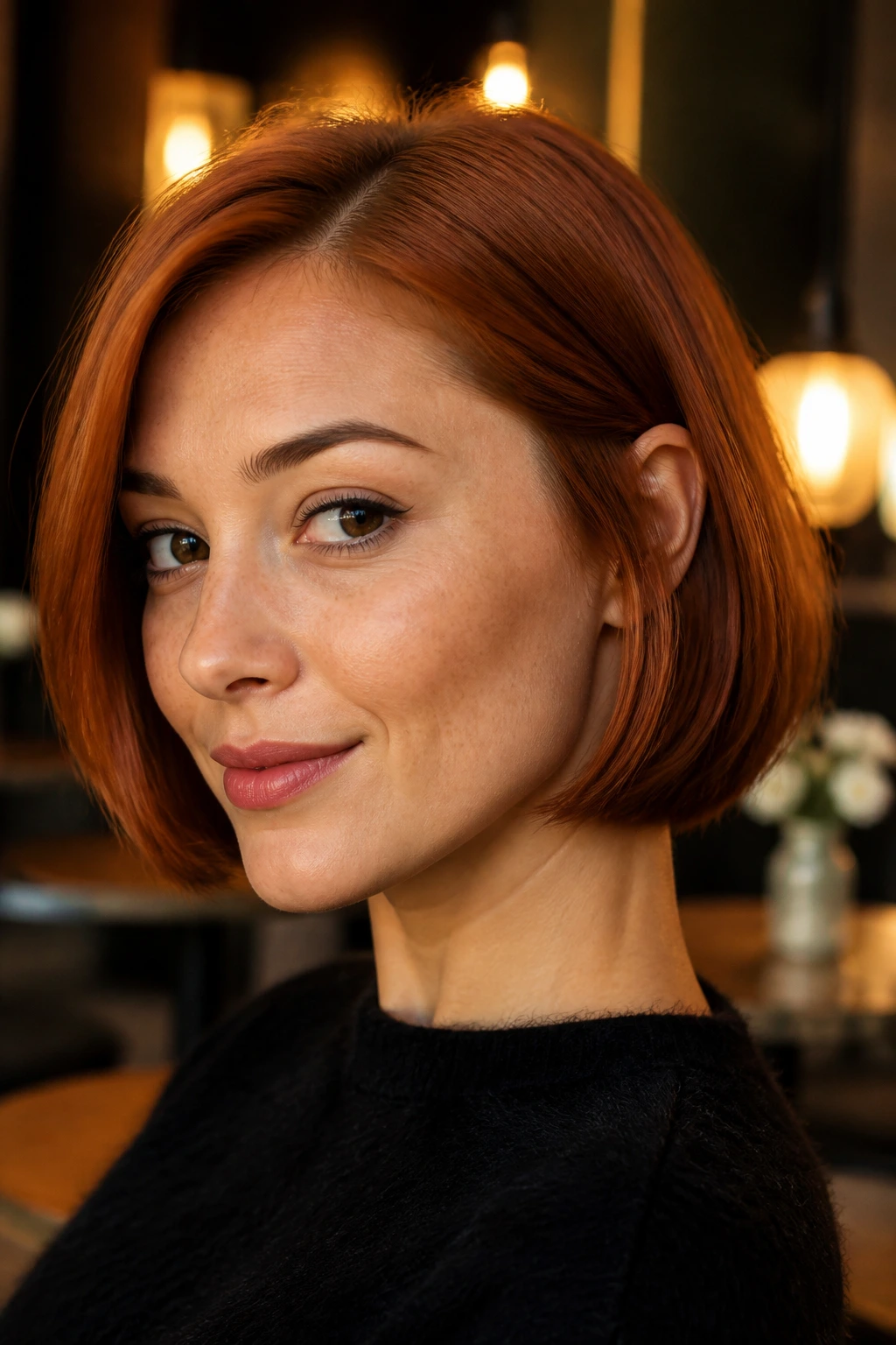 Close-up portrait of a real woman with an auburn French bob
