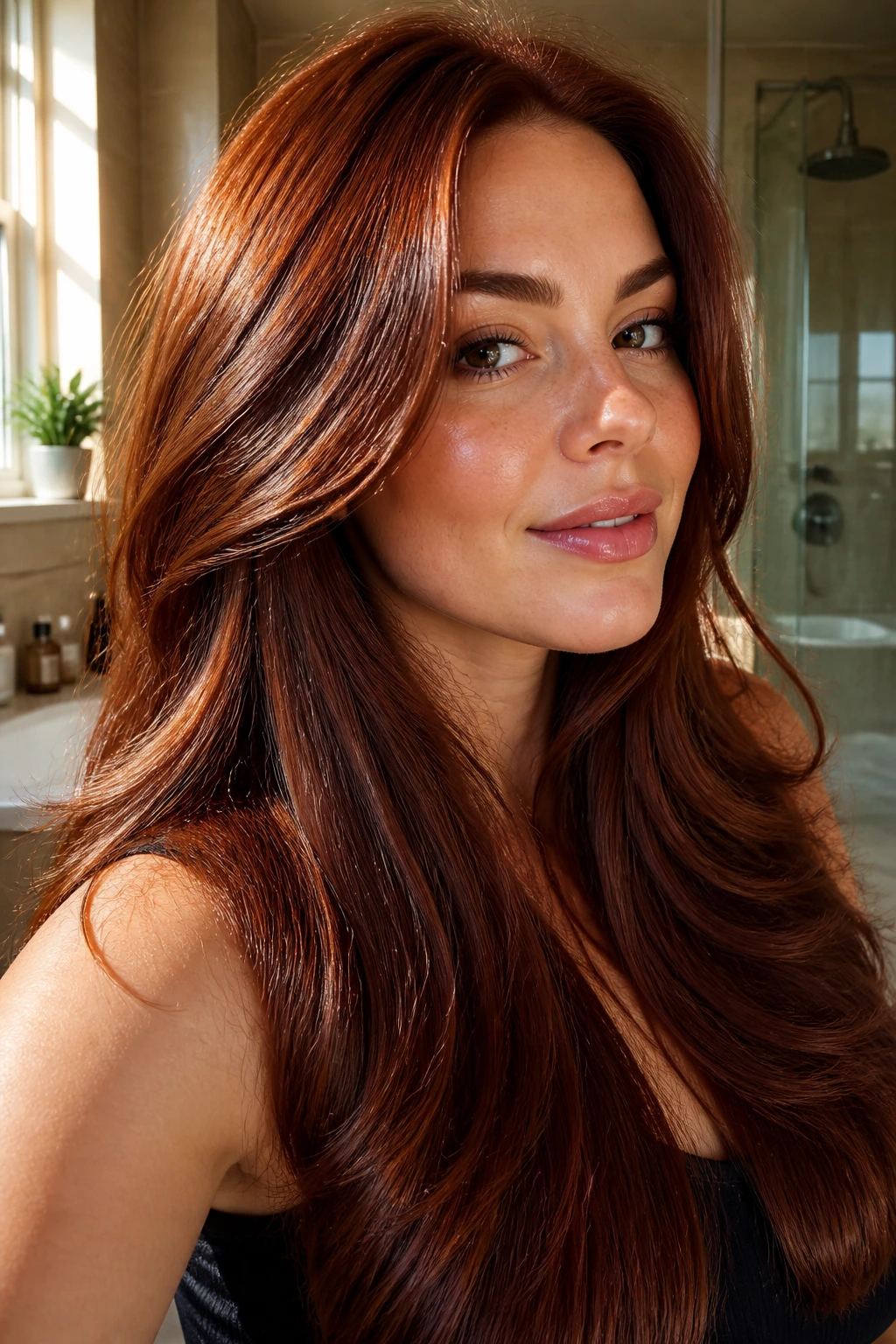 Close-up of a real person with shiny auburn hair in warm bathroom light