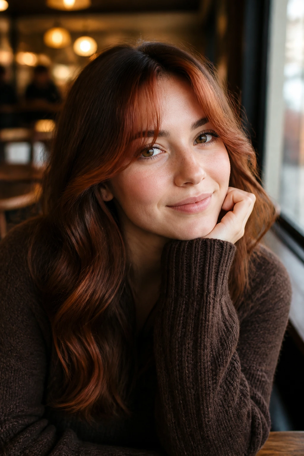 Close-up of a real person with auburn face-framing fringe on wavy hair