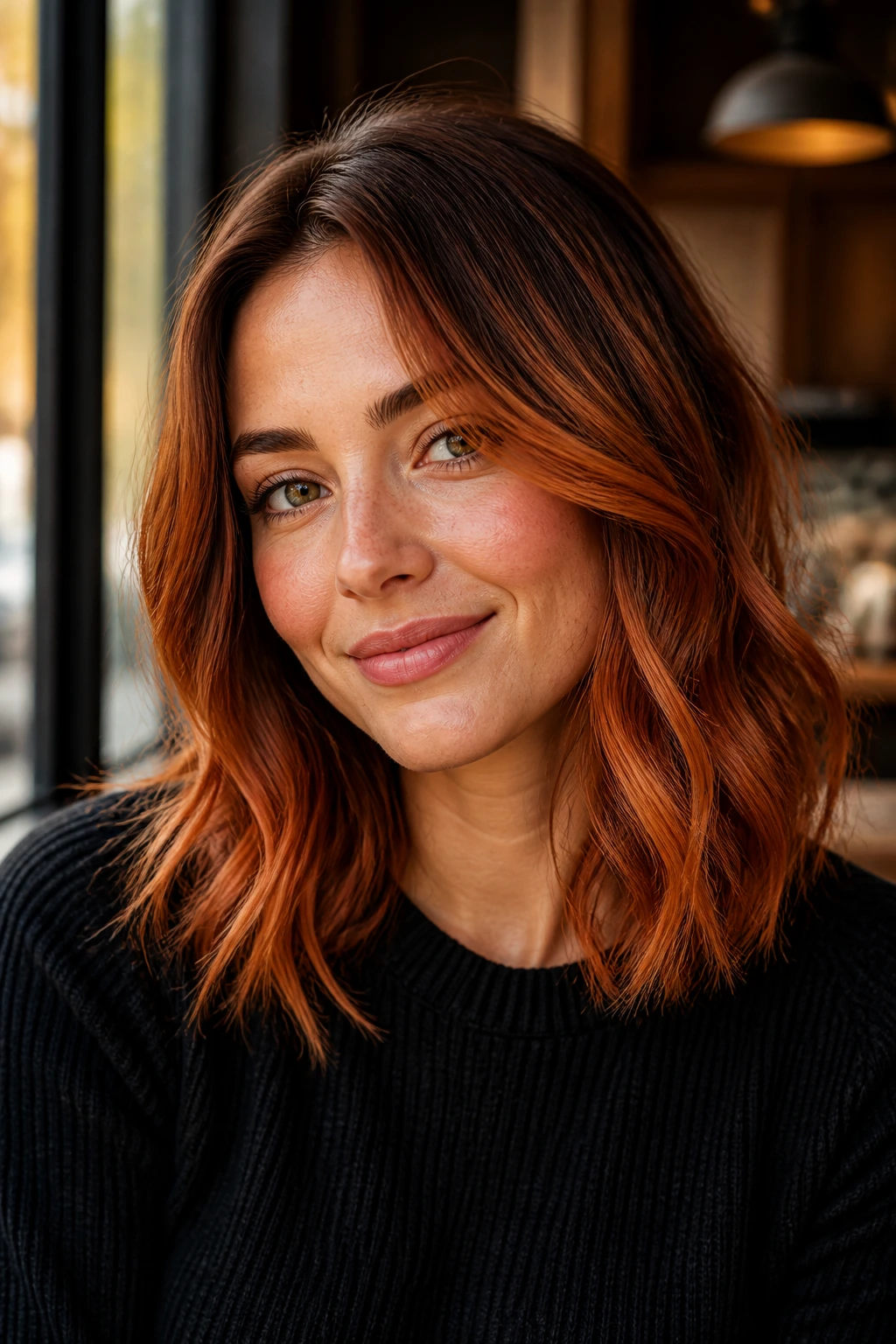 Close-up portrait of a real woman with auburn ginger balayage
