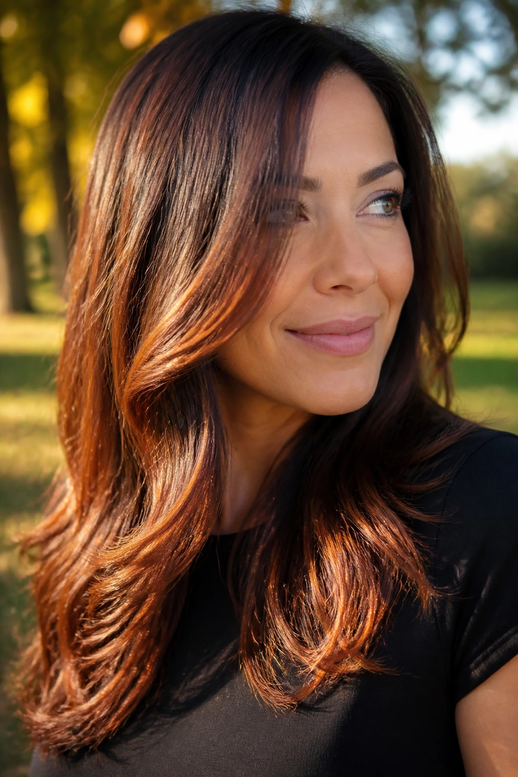 Close-up portrait of a brunette with Auburn Glaze balayage in golden hour light