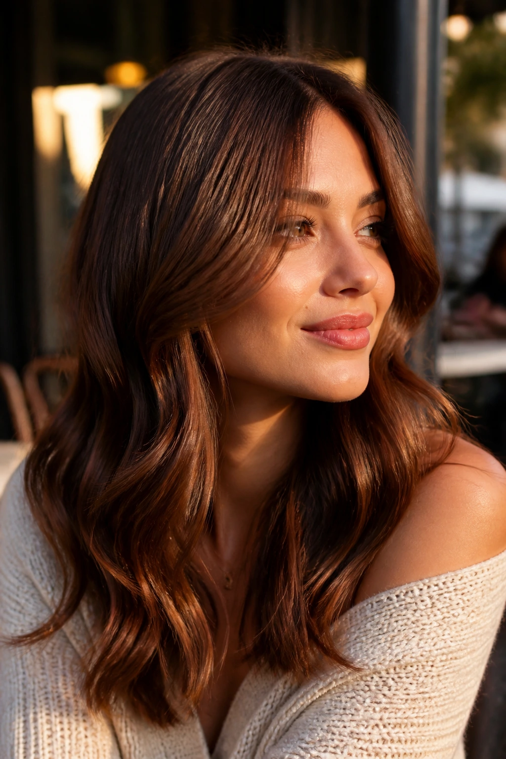 Portrait of a real woman with auburn gloss on medium brown hair in golden hour light