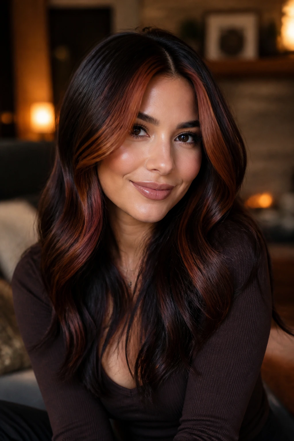 Close-up portrait of a woman with auburn glow money piece on mahogany brunette hair