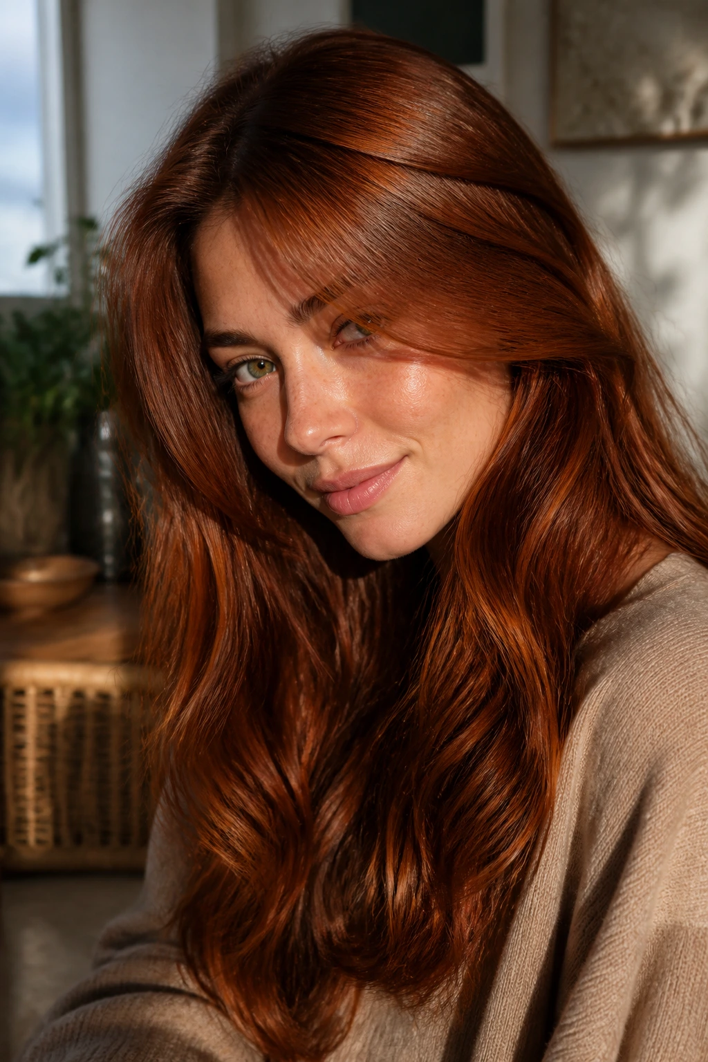 Close-up of a real person with rich auburn hair under soft window light.