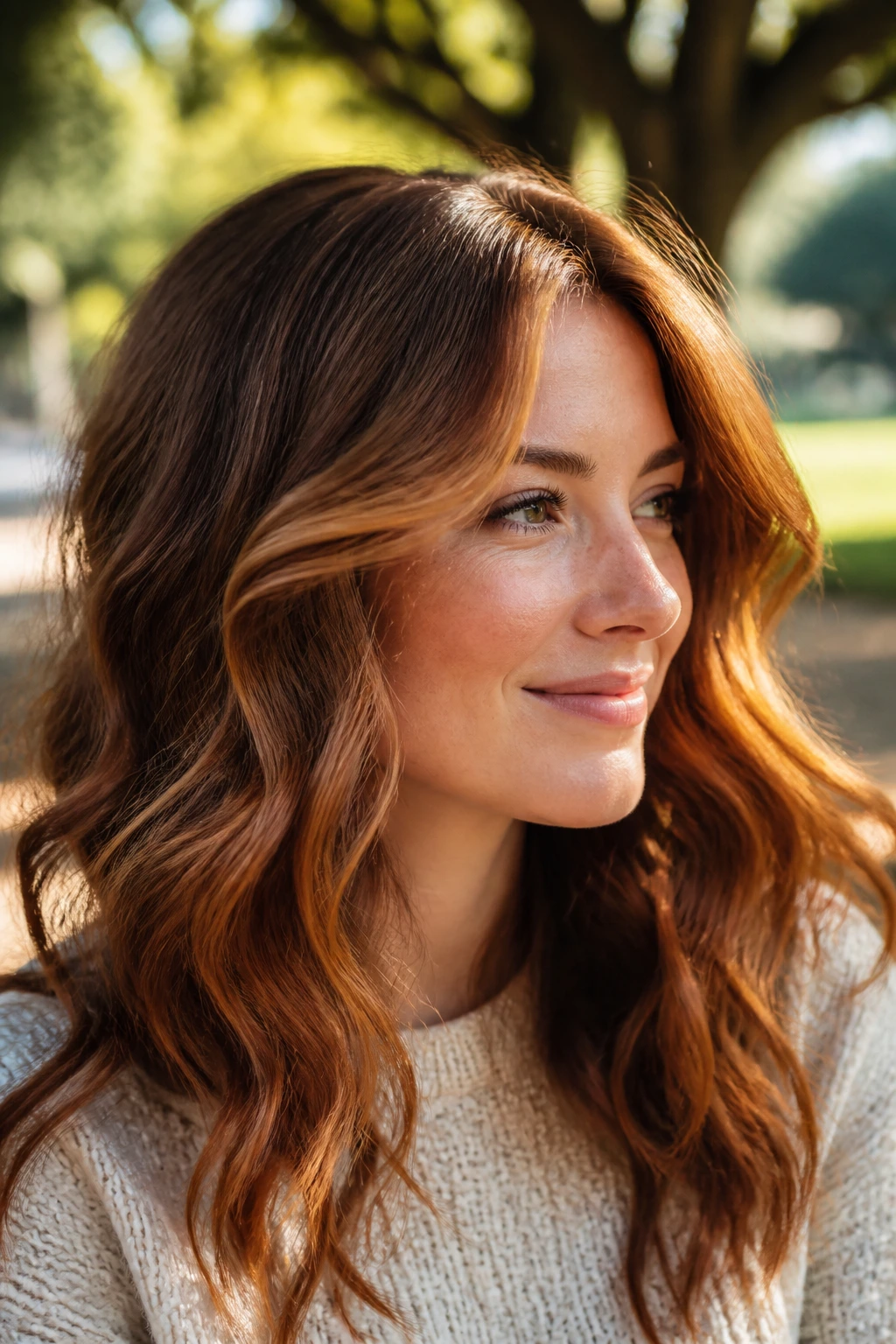 Close-up of a real woman with auburn halo highlights on wavy hair