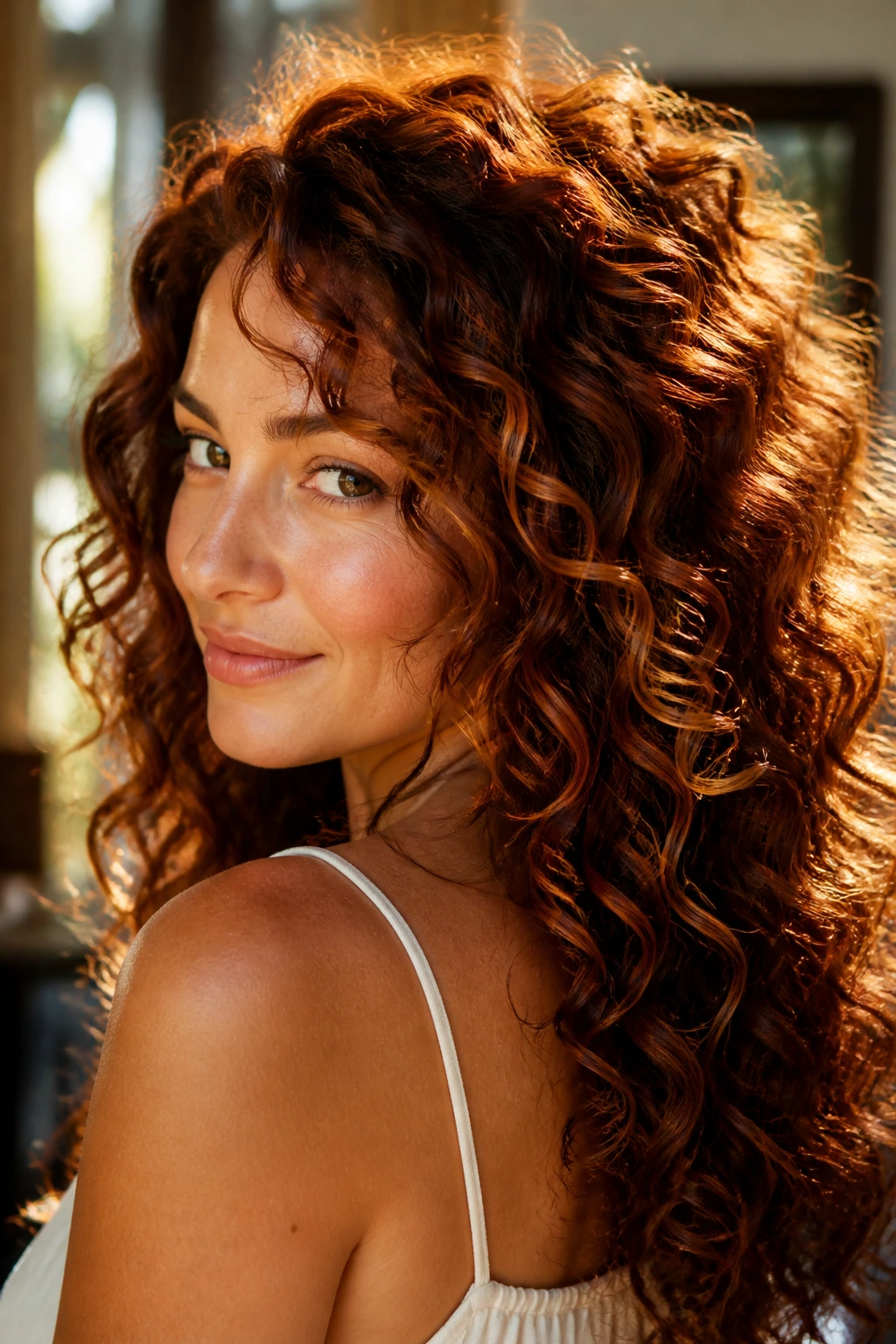 Close-up of a real woman with curly hair showing auburn halo highlights around the crown