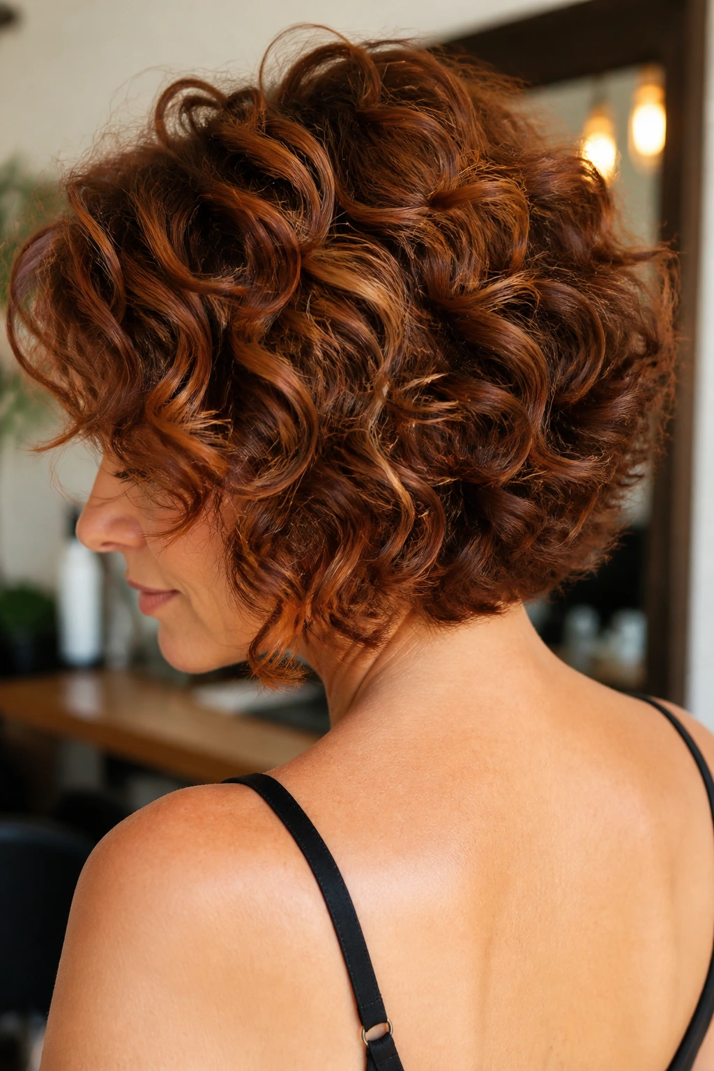 Close-up of auburn highlights and lowlights in curly hair