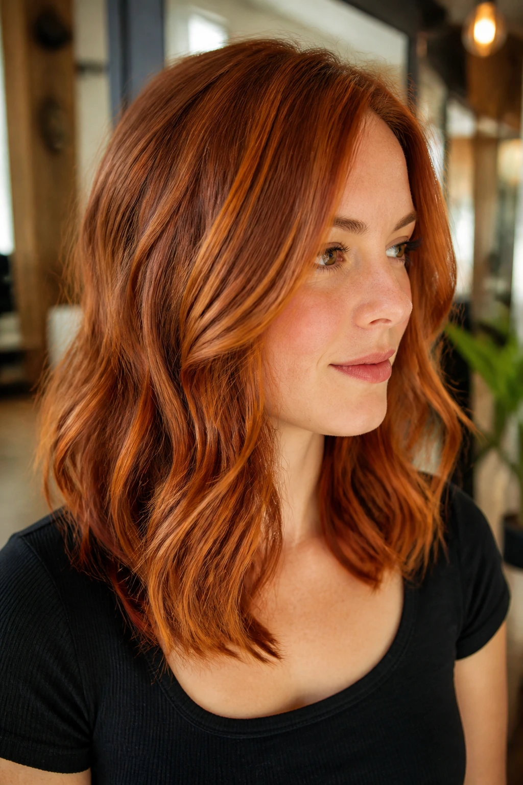 Close-up of redhead with auburn ribbon highlights woven through medium-length copper-red hair