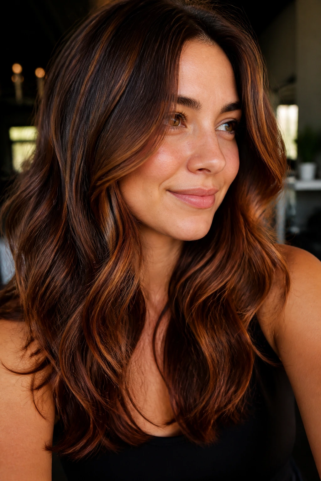 Thick brown hair with auburn glow highlights around the face