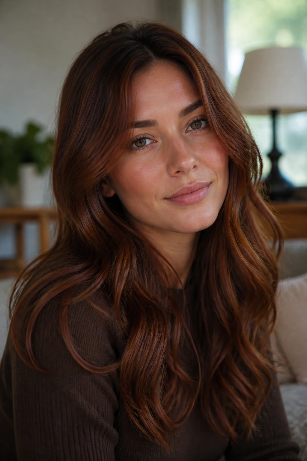 Close-up of a woman with auburn-infused brown hair showing warm red undertones and glossy finish.
