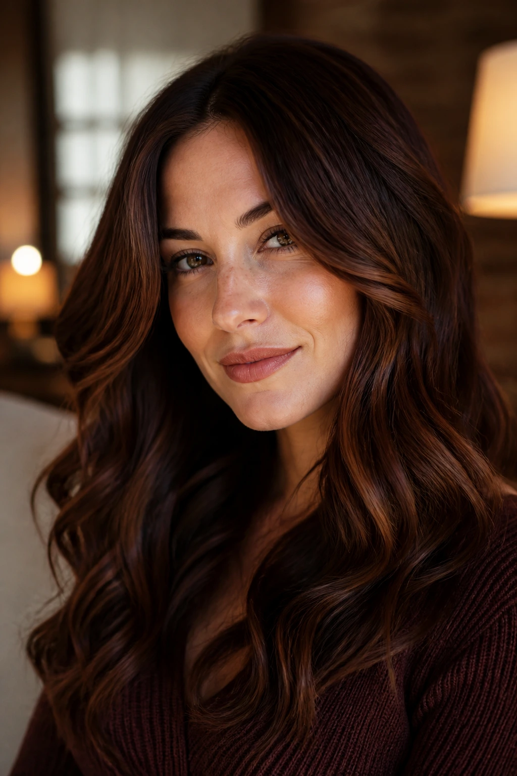 Close-up portrait of a real woman with auburn-infused brunette hair