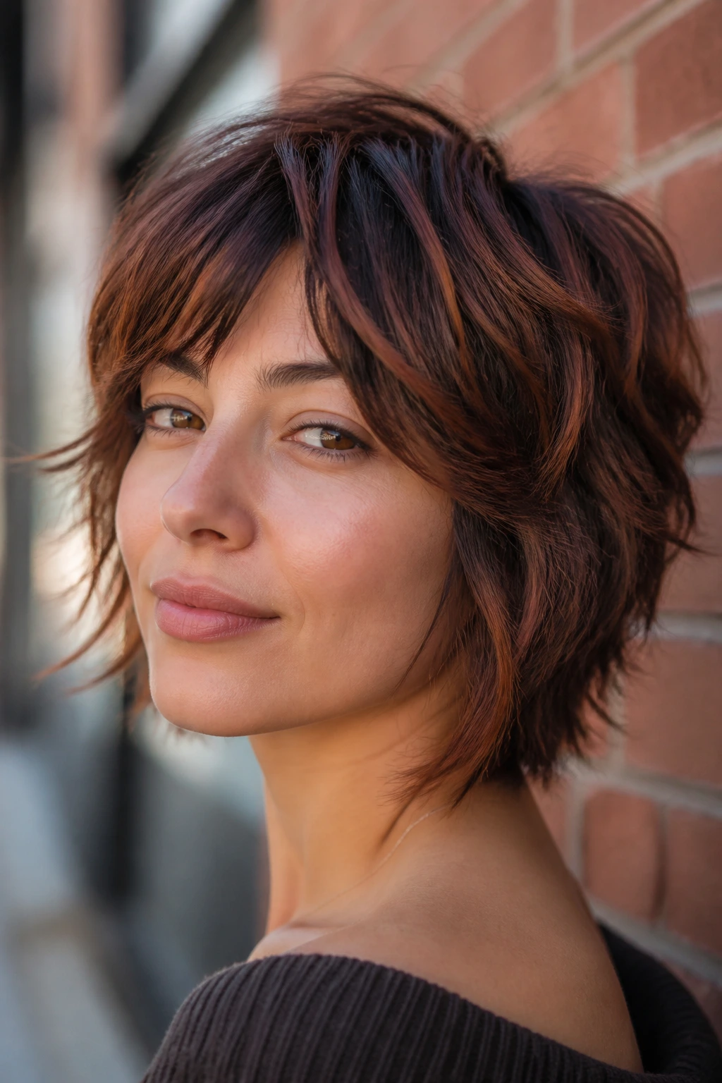 Portrait of a real woman with auburn-infused brunette short shag against brick wall