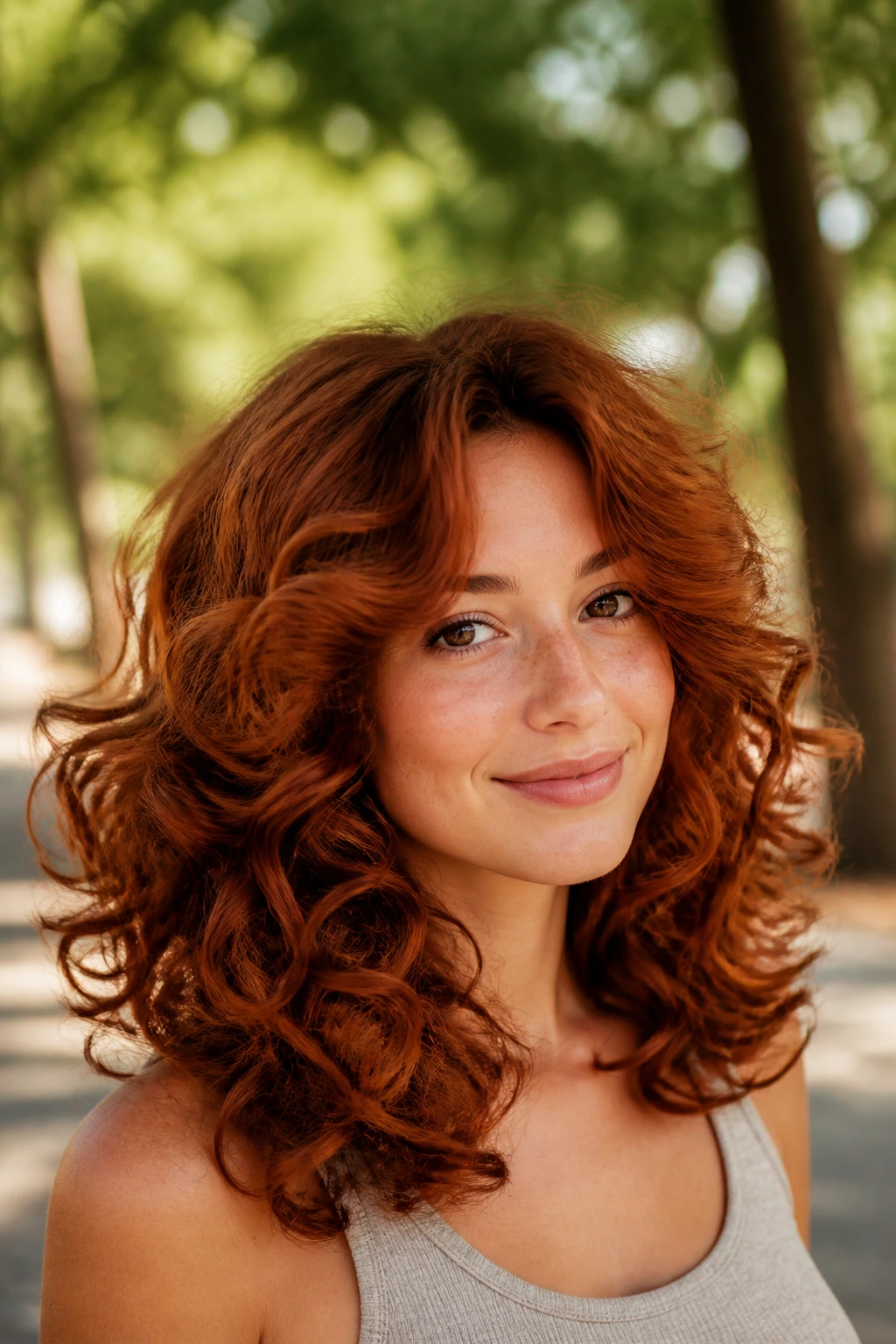 Portrait of a woman with auburn layered curls in soft outdoor light