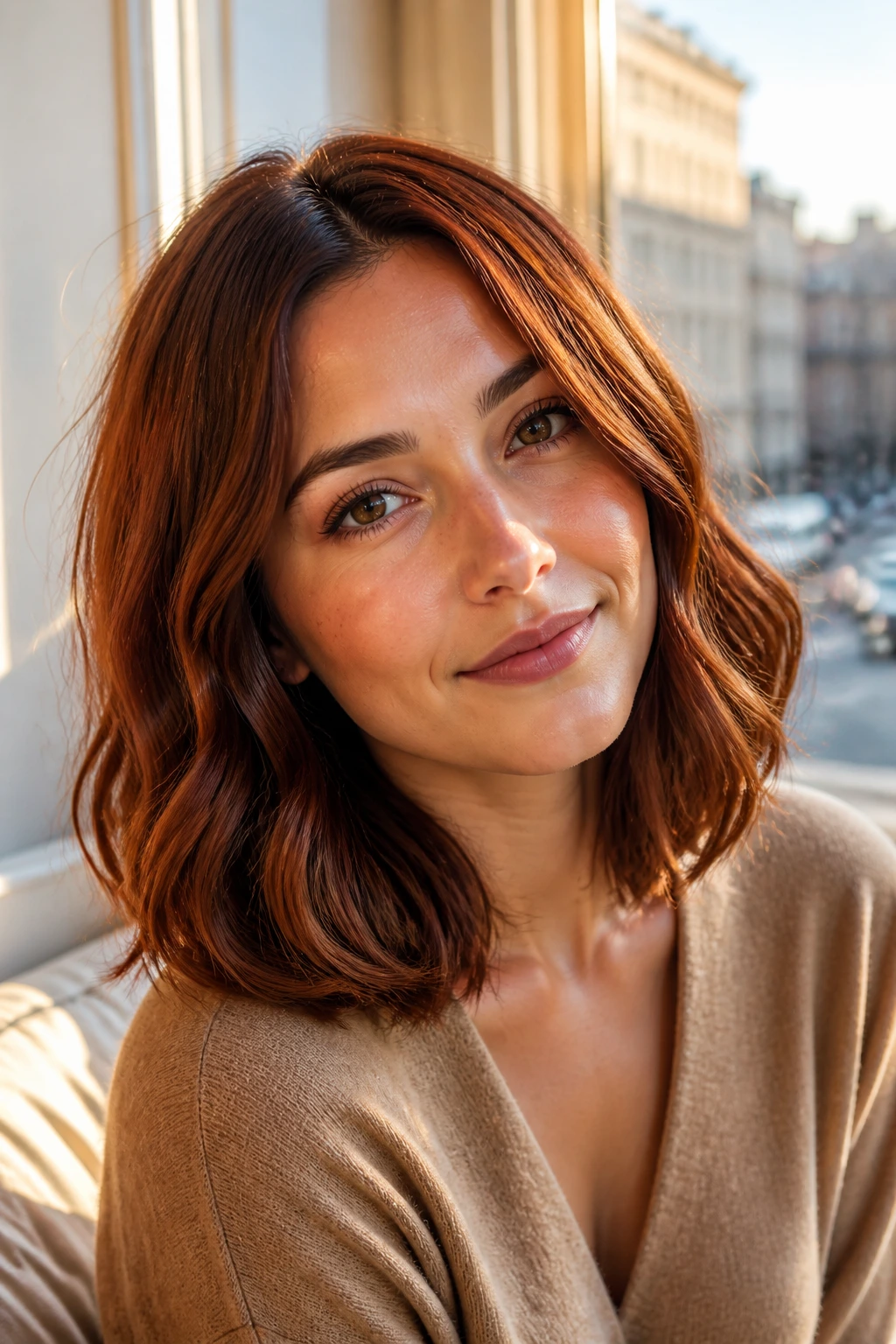 Close-up of a real woman with auburn lob and loose waves