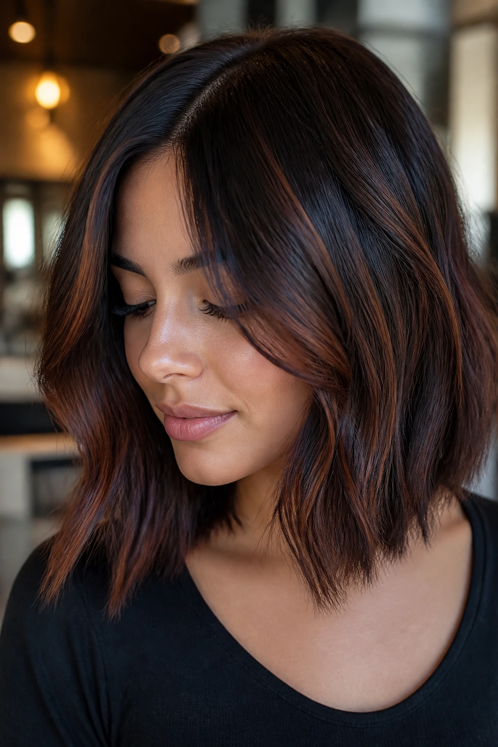 Close-up of a real woman with shoulder-length hair showing auburn lowlights inside black base