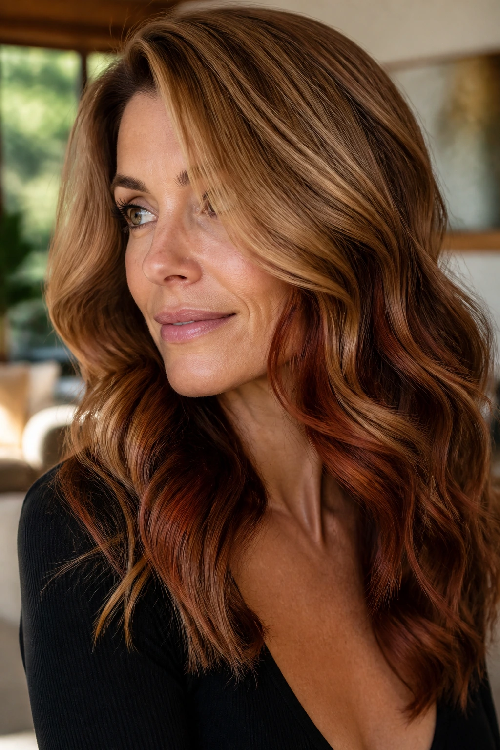 Close-up of a real woman with golden brown hair and auburn lowlights