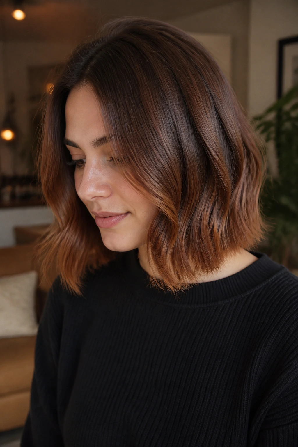 Portrait of a real woman with Soft Auburn Melt Bob hairstyle