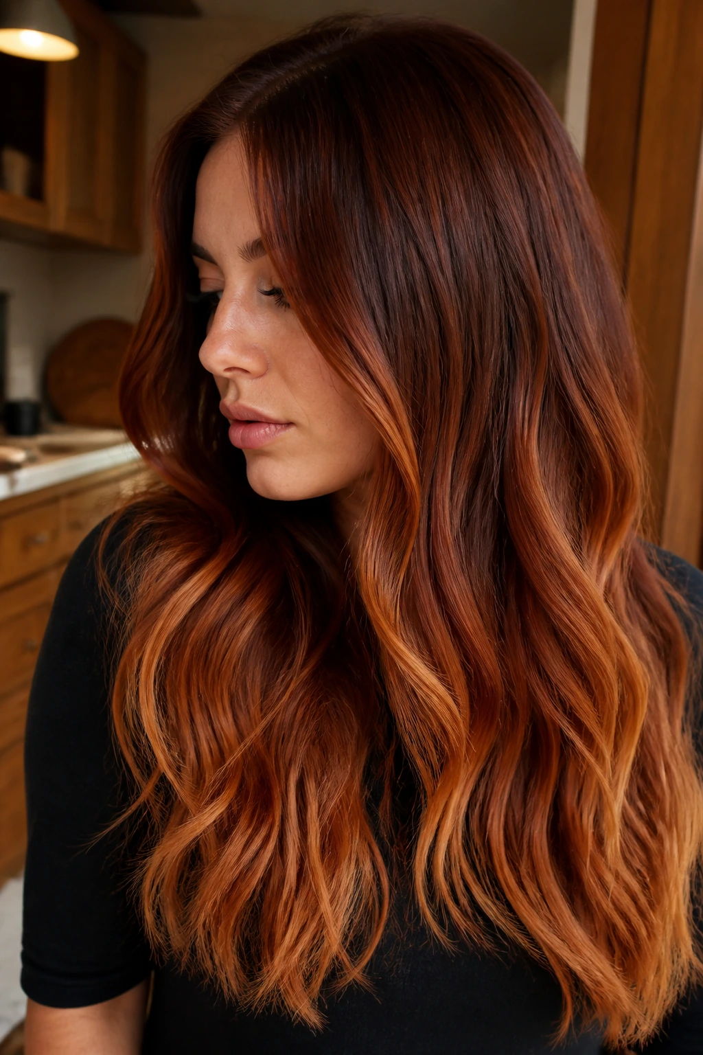 Close-up of a real woman's long hair with an auburn melt gradient