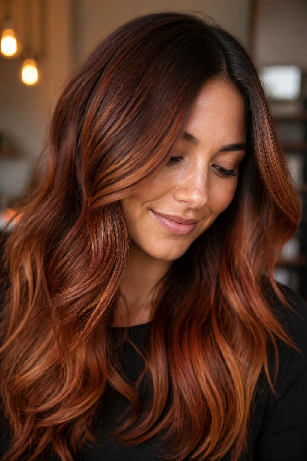 Close-up portrait of a real woman with auburn melt hair showing deeper root and copper-brown mid to ends