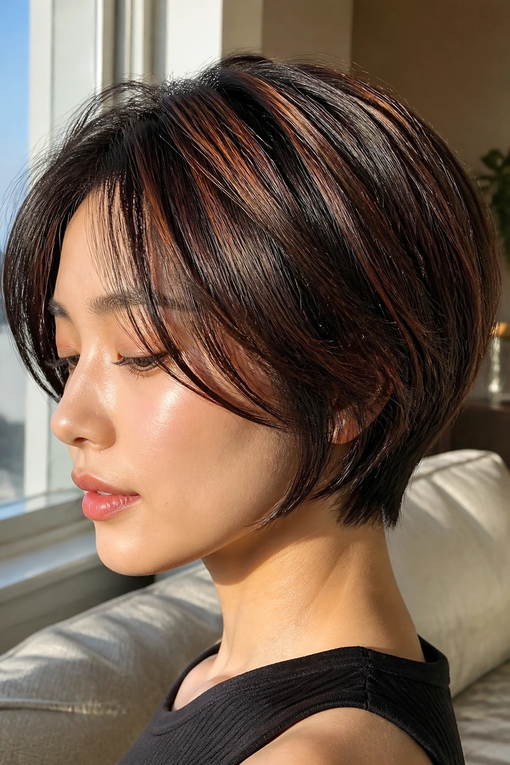 Close-up of a short hairstyle with auburn micro-highlights