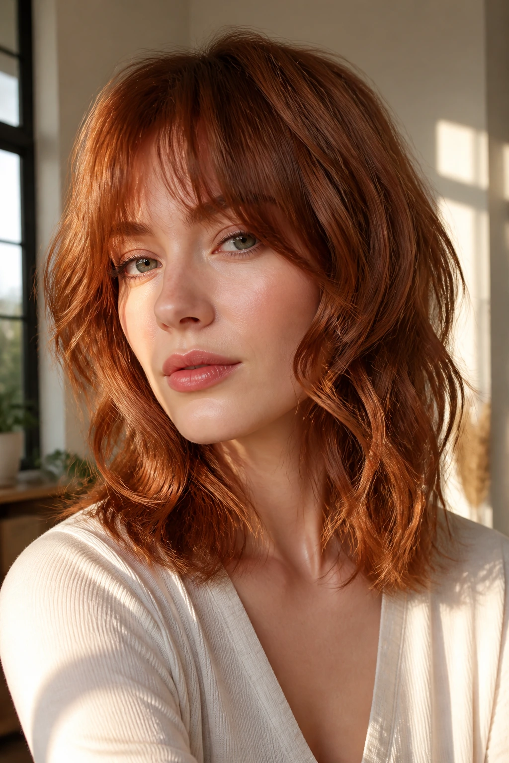 Close-up of a real person with wavy auburn mid-length shag