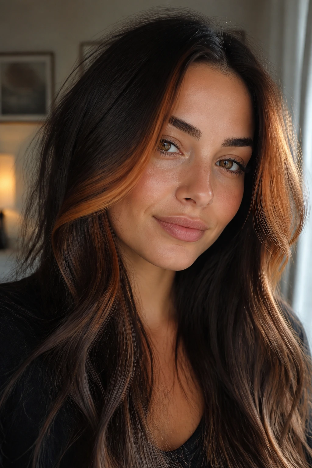 Face-framing auburn money pieces on a deep brunette